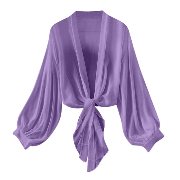 PBFRDSJ Womens Sheer Cardigan Tie Front Long Sleeve Shirts Lightweight Chiffon Crop Tops Beach Cover Ups
