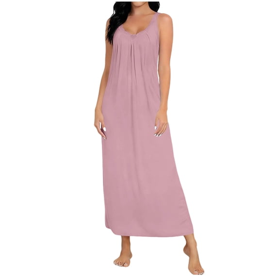 PBFRDSJ Womens Sleeveless Nightgown Modal Solid Long Nightgowns Pleated V Neck Soft Loungewear