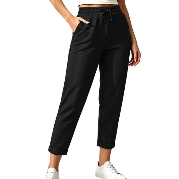 PBFRDSJ Womens Straight Capri Pants Casual Classic Solid Trousers with Adjustable Drawstring Breathable Lounge Pant with Pockets