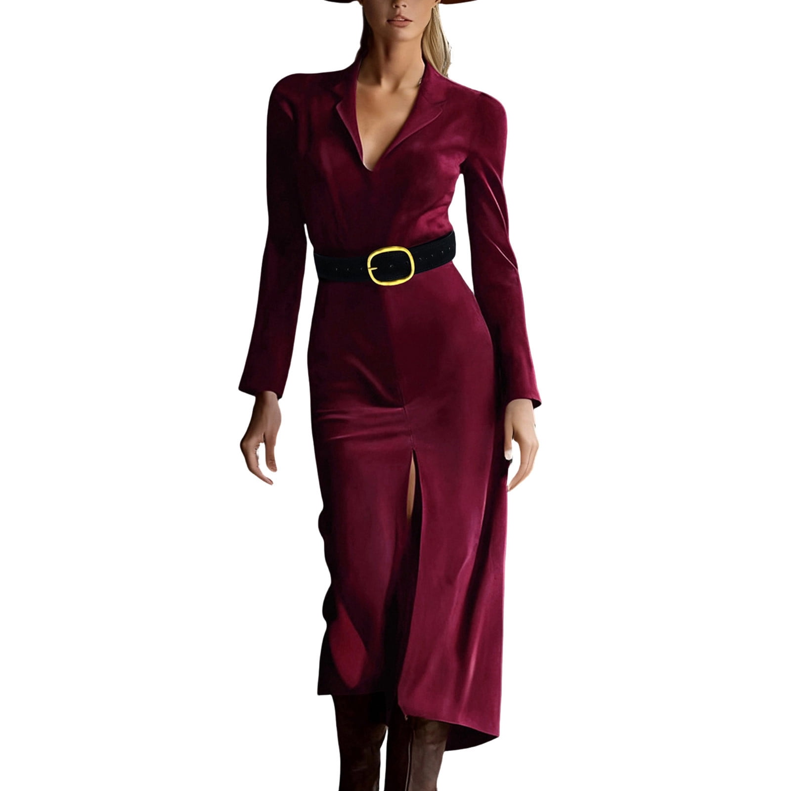 Pbfrdsj Womens Suede Dresses Long Sleeve V Neck Office Business Formal Dress with Belt for Cocktail Party, Women's, Size: Medium, Red