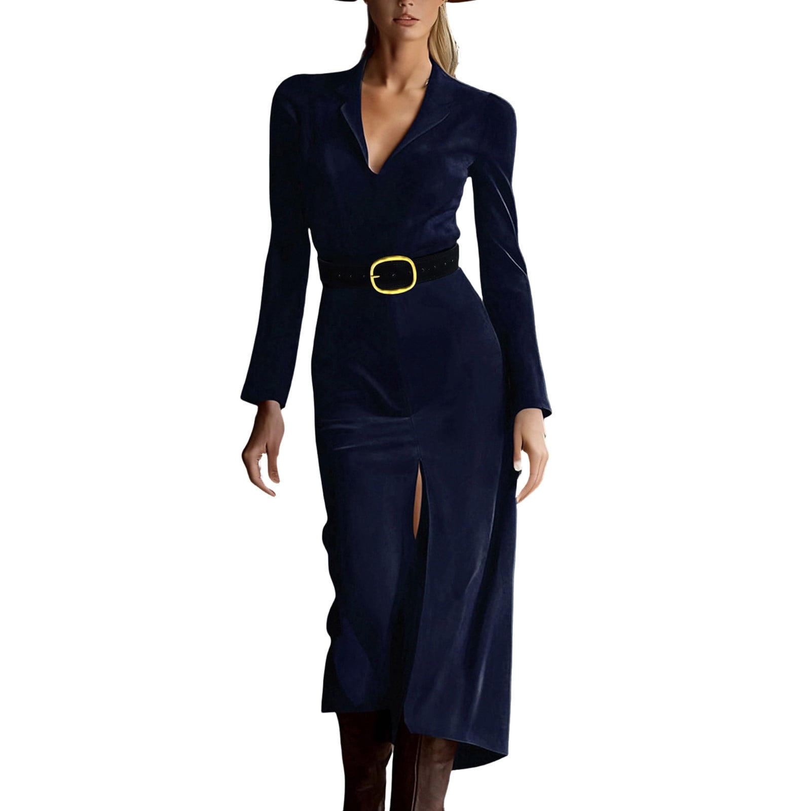 corporate formal dresses Pbfrdsj Womens Suede Long Sleeve V Neck Office Business Dress with Belt for Cocktail Party, Women's, Size: Small, Blue formal office dress
