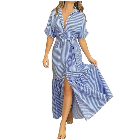 PBFRDSJ Womens Summer Dresses V Neck Striped Button Down Shirt Dress Half Sleeve Tiered Maxi Sundress with Adjustable Belt