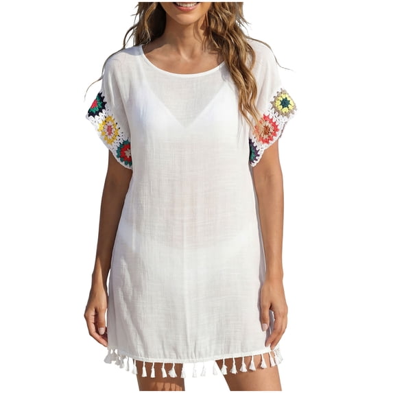 PBFRDSJ Womens Swimsuit Cover Up Boho Tassel Hem Sheer Mesh Beach Sundress Loose Fit Summer Tunic for Vacation