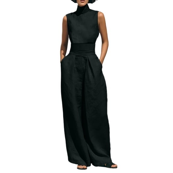PBFRDSJ Womens Two Piece Sets Elegant Cotton Linen High Neck Top High Waist Wide Leg Pants Set Dressy Casual 2 Piece Outfits for Office Business