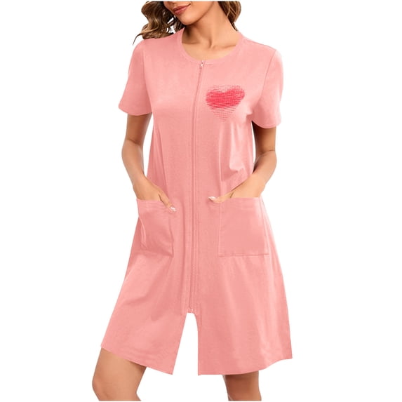 PBFRDSJ Womens Zip Front Nightgown 1/4 Sleeve Heart Print Casual Sleep Dress Lightweight Breathable Loungewear with Pockets