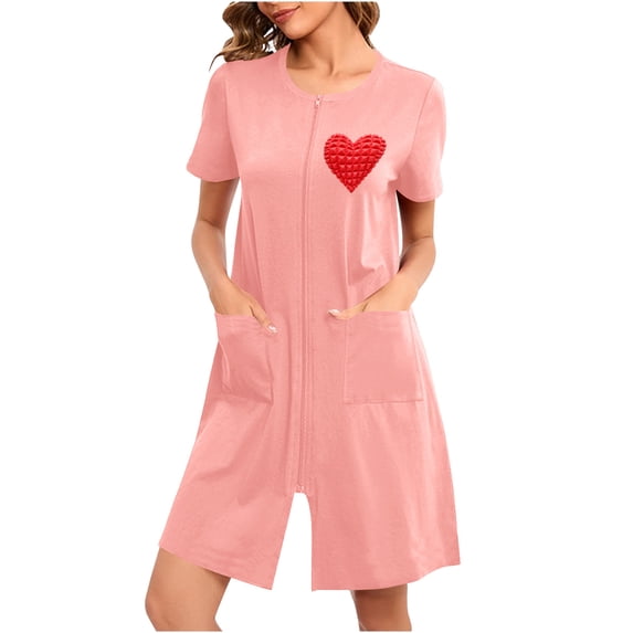 PBFRDSJ Womens Zipper Front Housecoats Short Sleeve Crewneck Loungewear Dress with Pockets Loose Fit Sleepwear for Home