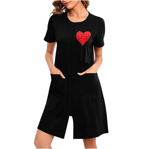 PBFRDSJ Womens Zipper Front Housecoats Short Sleeve Crewneck Loungewear Dress with Pockets Loose Fit Sleepwear for Home