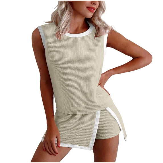 PBFRDSJ Workout Sets for Women Sleeveless Ribbed Tank and Stretchy Athletic Skort Contrast Trim Outfit for Running Beach Golf