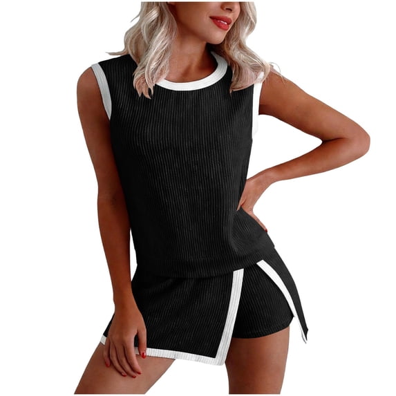 PBFRDSJ Workout Sets for Women Sleeveless Ribbed Tank and Stretchy Athletic Skort Contrast Trim Outfit for Running Beach Golf