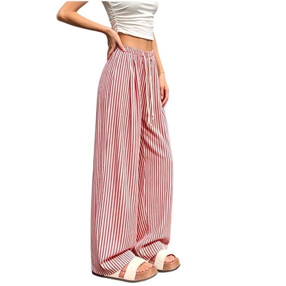 PBFRDSJ Y2K Striped Wide Leg Pants for Women Baggy Elastic Waist Drawstring Palazzo Pants Casual Vacation Flowy Clothes Free Sizes