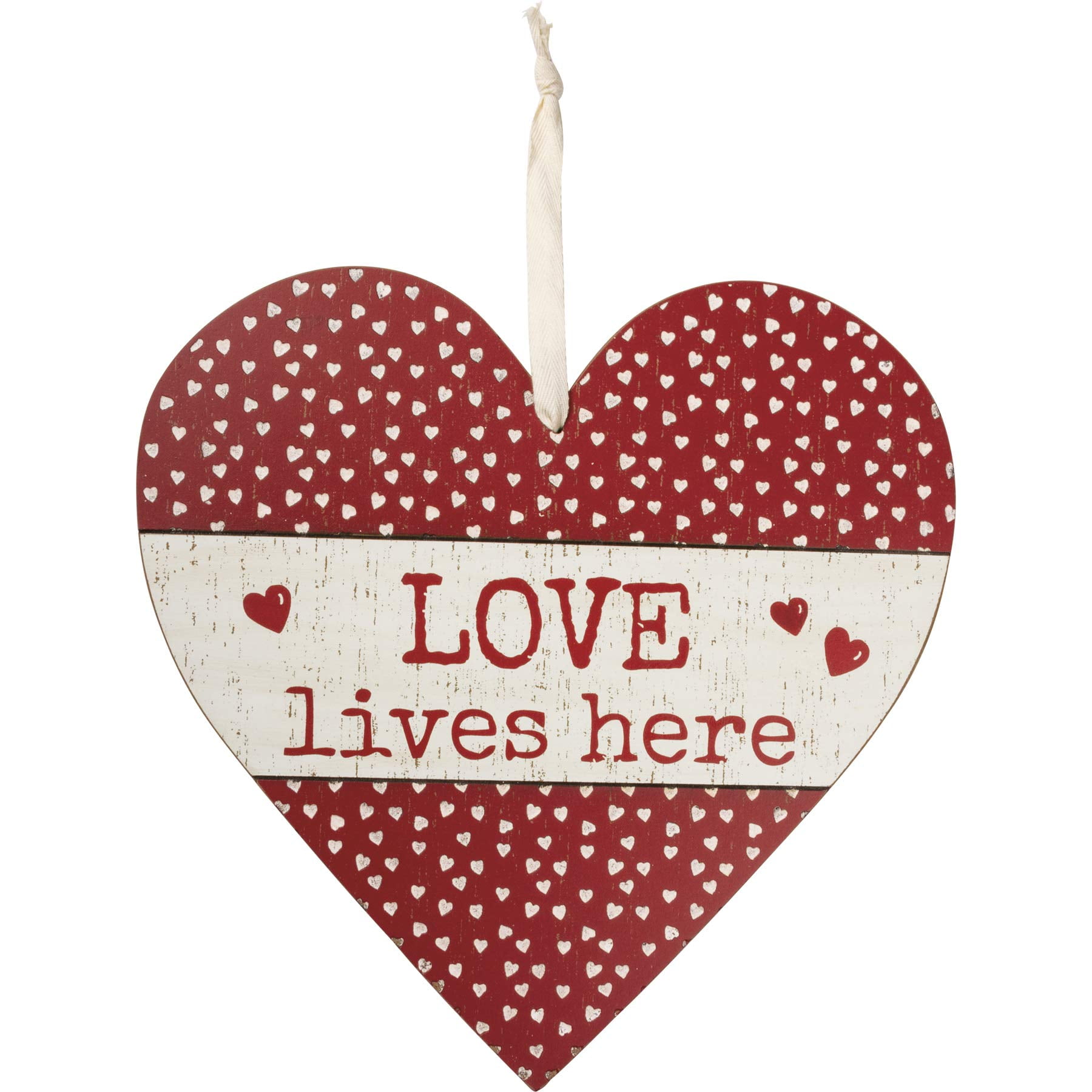 Love Lives Here Red and White Wooden Heart Wall Decor
