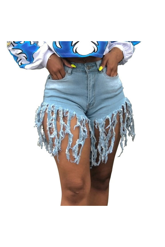 Denim Shorts Women Casual Mid Waist Tassel Hem Denim Shorts Summer Casual Fashion Outdoor Jean Shorts with Pockets