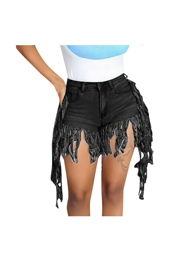 Denim Shorts Womens Mid Waisted Tassel Denim Short Pants Summer Skinny Stretch Ripped Frayed Raw Hem Casual Jean Short for Women