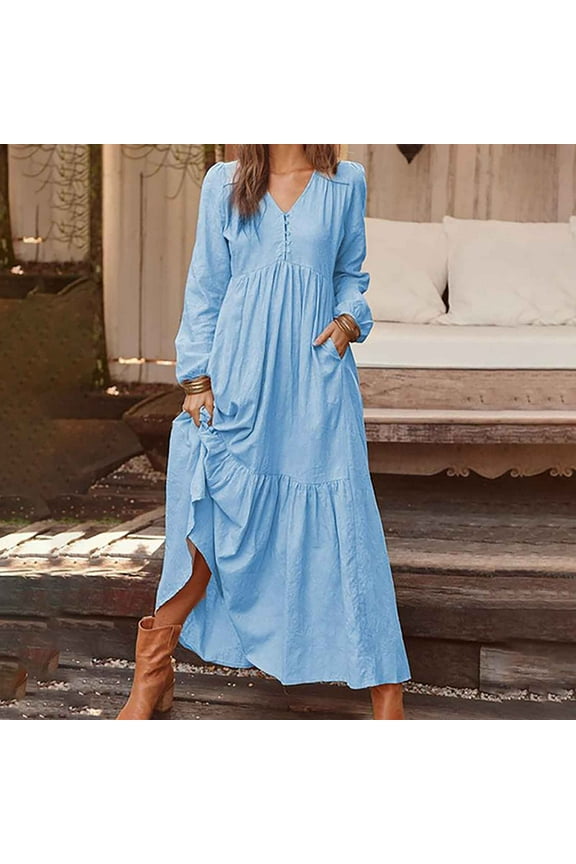 Dresses for Women 2023,Cotton Linen Dress for Women,Summer Plus Size Long Sleeve Crew Neck Loose Baggy Kaftan Maxi Dress with Pockets