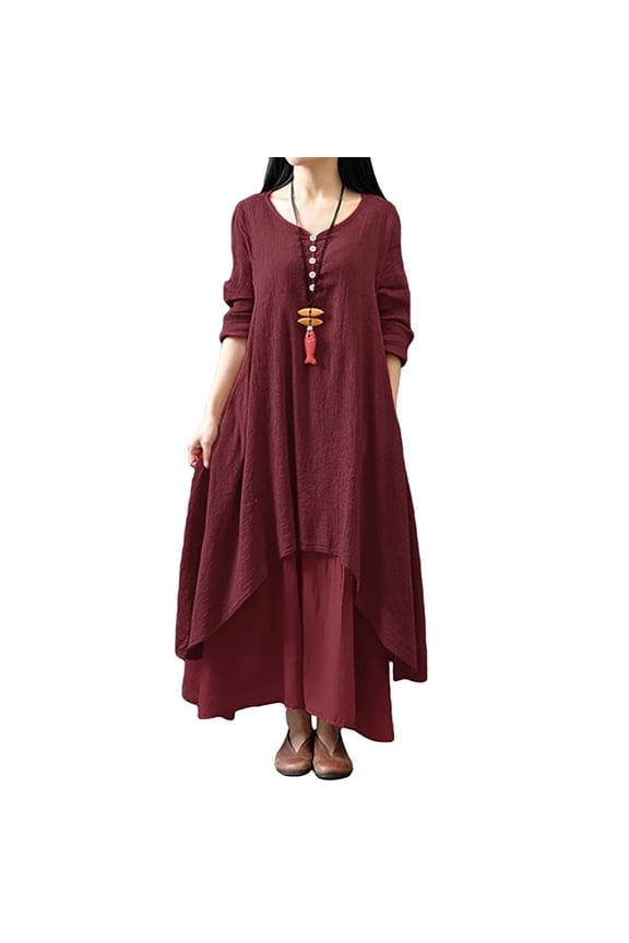 Dresses for Women 2023,Women's Cotton Linen Irregular Double Layer Dress,Plus Size Long Sleeve Loose Boho Caftan Beach Dress