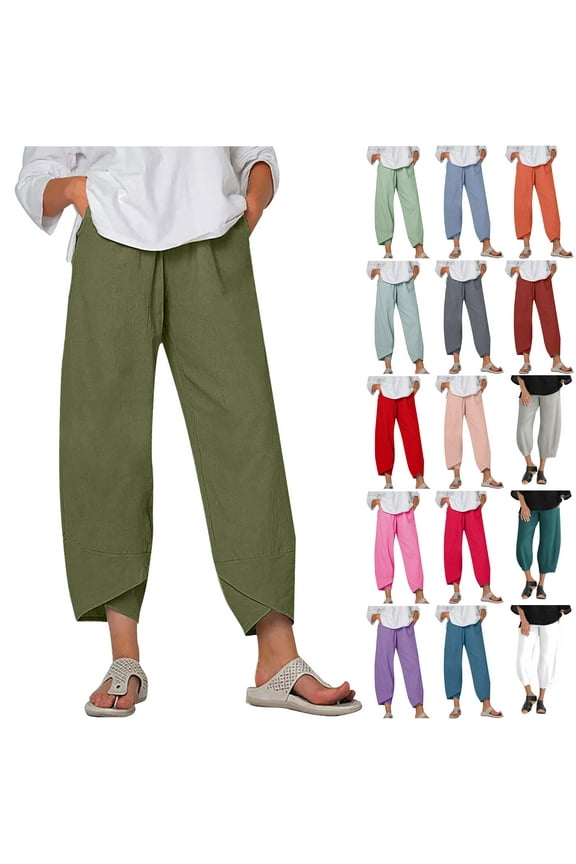 Linen Pants for Women,Summer Pants for Women Plus Size Casual Cotton Linen Wide Leg Drawstring Elastic Waist Capris Crop Pants with Pockets