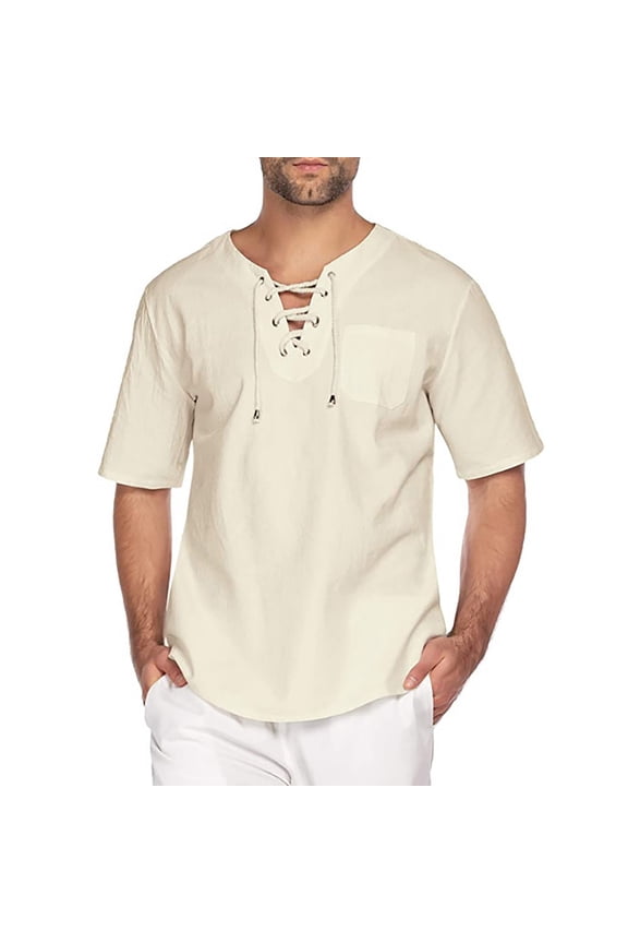 Linen Shirts for Men 2024,Mens Lace Up Linen Summer Beach Shirts Short Sleeve Scottish Jacobite Ghillie Kilt Henley Shirts Highland Renaissance Pirate Tops