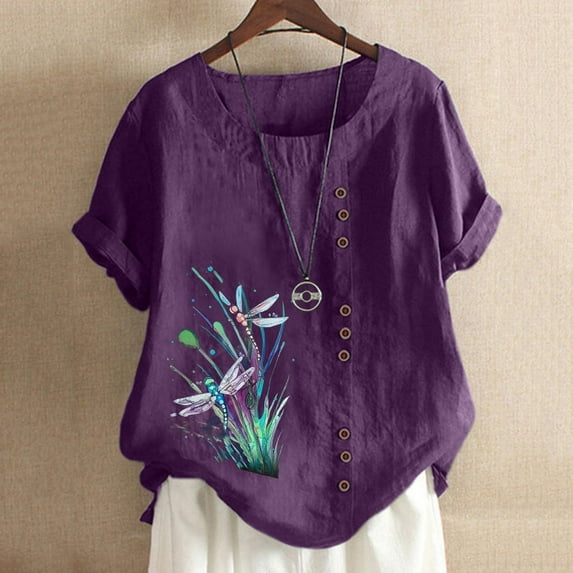 PBNBP Linen Shirts for Women,Women Summer Cotton Linen Tshirt Tops Casual Loose Fit Trendy Flowers Dragonfly Print Tunic Tee Short Sleeve Plus Size Button Blouse