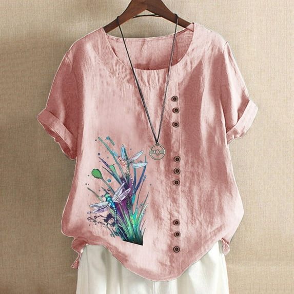 PBNBP Linen Shirts for Women,Women Summer Cotton Linen Tshirt Tops Casual Loose Fit Trendy Flowers Dragonfly Print Tunic Tee Short Sleeve Plus Size Button Blouse