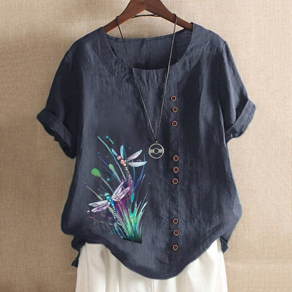 PBNBP Linen Shirts for Women,Women Summer Cotton Linen Tshirt Tops Casual Loose Fit Trendy Flowers Dragonfly Print Tunic Tee Short Sleeve Plus Size Button Blouse