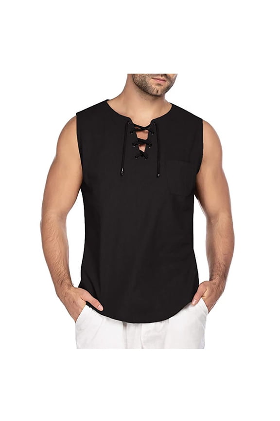 Linen Shirts for Men 2023,Men Tank Top Cotton Linen Beach Sleeveless Shirt Lace Up Bohemian Hippie Renaissance Pirate Kilt Medieval Tunic