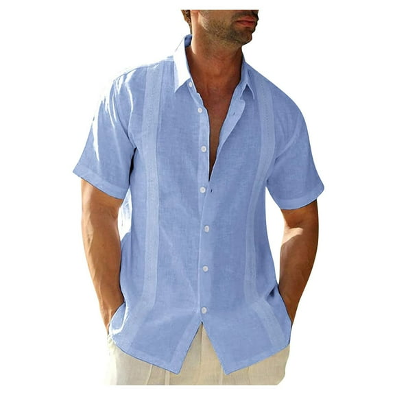 PBNBP Linen Shirts for Men 2025,Men's Cuban Guayabera Shirts Linen Casual Short Sleeve Button Down Shirt Band Collar Summer Beach Tops