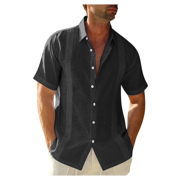 PBNBP Linen Shirts for Men 2023,Men's Cuban Guayabera Shirts Linen Casual Short Sleeve Button Down Shirt Band Collar Summer Beach Tops