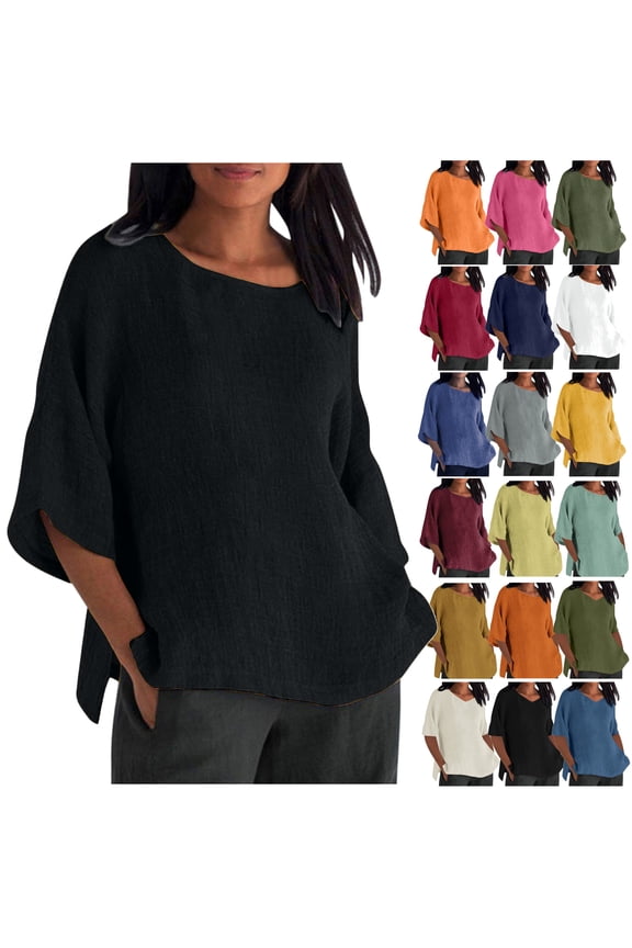 PBNBP Linen Shirts for Women,Casual Cotton and Linen 3/4 Sleeve Summer Tops for Women Solid Loose Three Quarter Sleeve Tunic T Shirt Plus Size Blouse