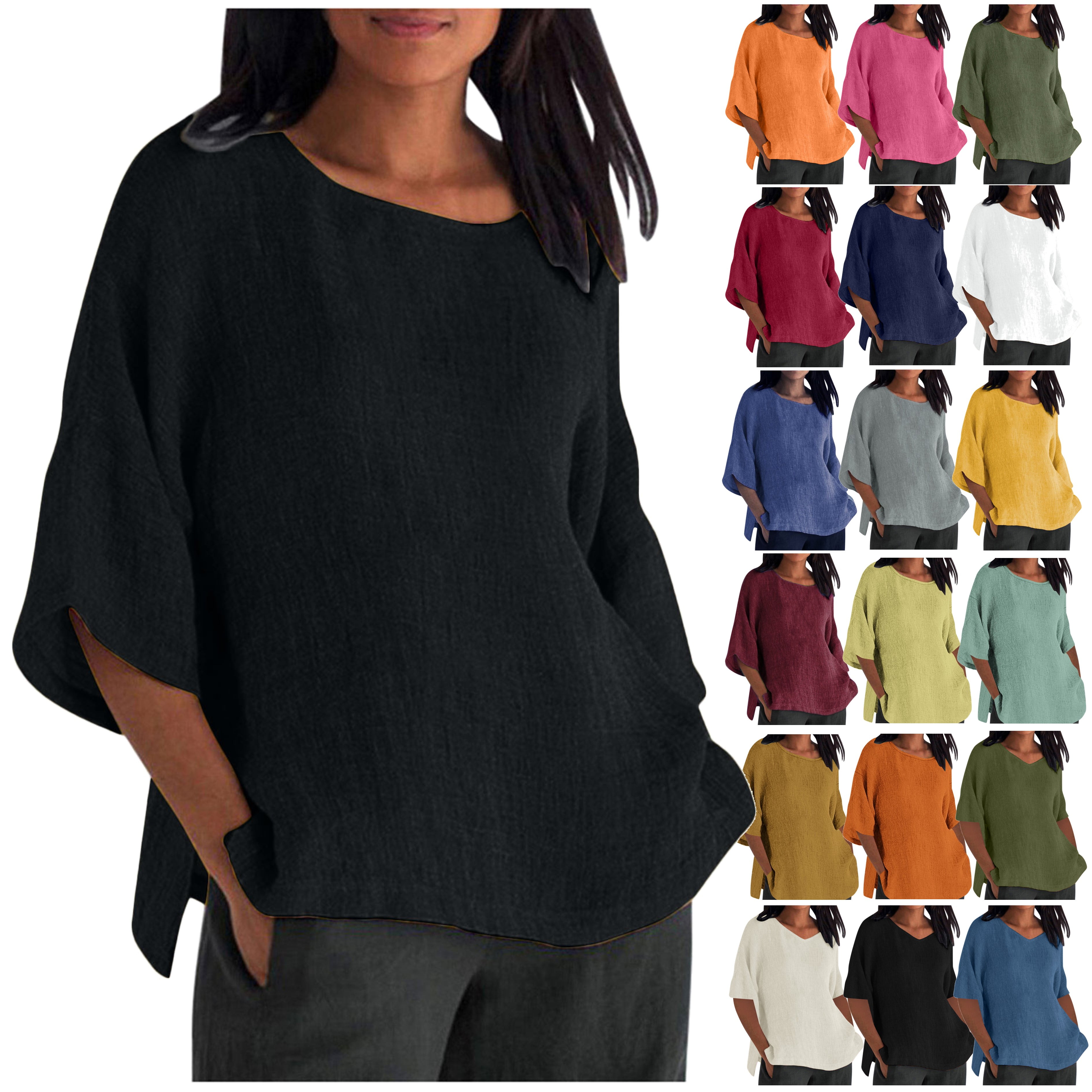 PBNBP Linen Shirts for Women,Casual Cotton and Linen 3/4 Sleeve Summer ...