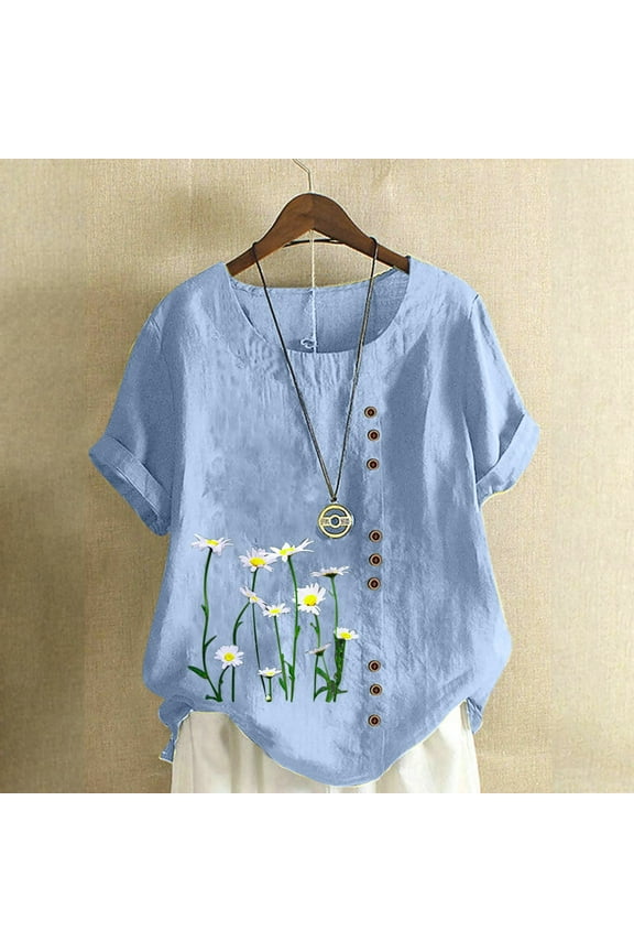 Linen Shirts for Women,Plus Size Tops for Women Summer Cotton Linen Button Tshirts Short Sleeve O-Neck Daisy Pattern Blouse Loose Fit Shirts