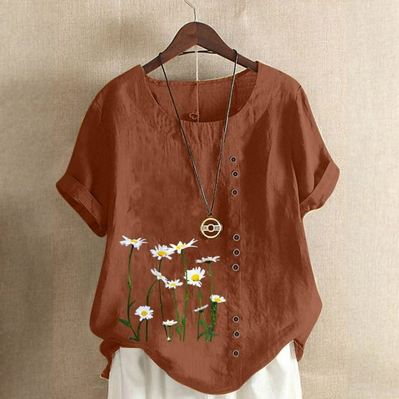 PBNBP Linen Shirts for Women,Plus Size Tops for Women Summer Cotton Linen Button Tshirts Short Sleeve O-Neck Daisy Pattern Blouse Loose Fit Shirts