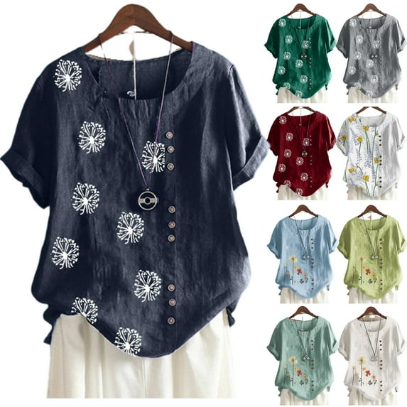 PBNBP Linen Shirts for Women,Women Summer Cotton Linen Tshirt Tops Trendy Dandelion Print Casual Loose Fit Tunic Tee Ladies Plus Size Crewneck Blouse