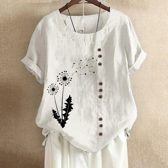 PBNBP Linen Shirts for Women,Womens Short Sleeve Cotton Linen Camp Shirts Jacquard Blouses Top T-Shirt Plus Size Bohemian Summer Tunic Shirts