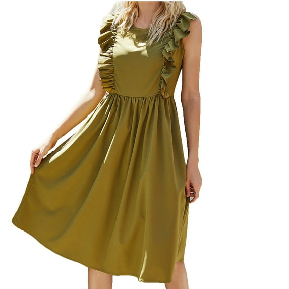 PBNBP Spring Summer Dress for Women 2023 Fashion Solid Color Ruffle Petal Sleeve Tank Dress Juniors Cute Waist Slimming Dress