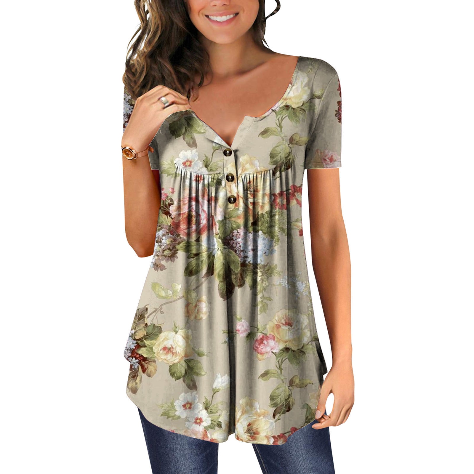 Womens Tops Casual 3/4 Sleeve Button up Slim Cute Tops Womens Fashion  Floral Half Sleeve Tunic Blouse Comfy Shirt Top at  Women's Clothing  store