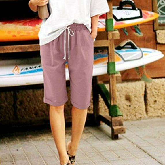 PBNBP Womens Linen Shorts,Women's Bermuda Shorts Linen Cotton Jersey Shorts, Long Shorts for Women Knee Length Lounge Athletic Drawstring Elastic Waist Shorts