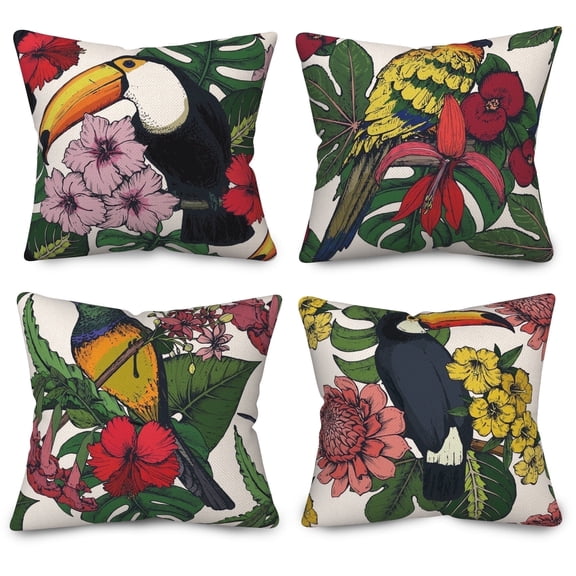 Bird Outdoor Pillow Covers,Vintage Floral Linen Pillow Cushion for Bedroom Home Decor,18x18 Set of 4
