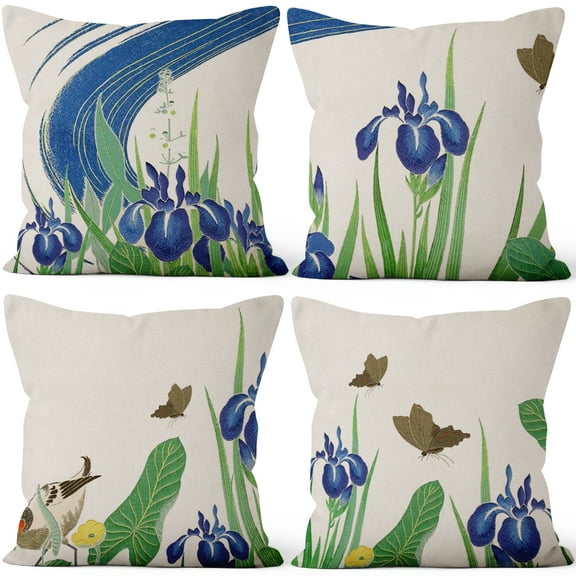 PBOBRIICH Blue Floral Throw Pillow Covers Set of 4,Butterfly Linen Pillowcase for Living Room Bedroom Decor,18x18 Inch
