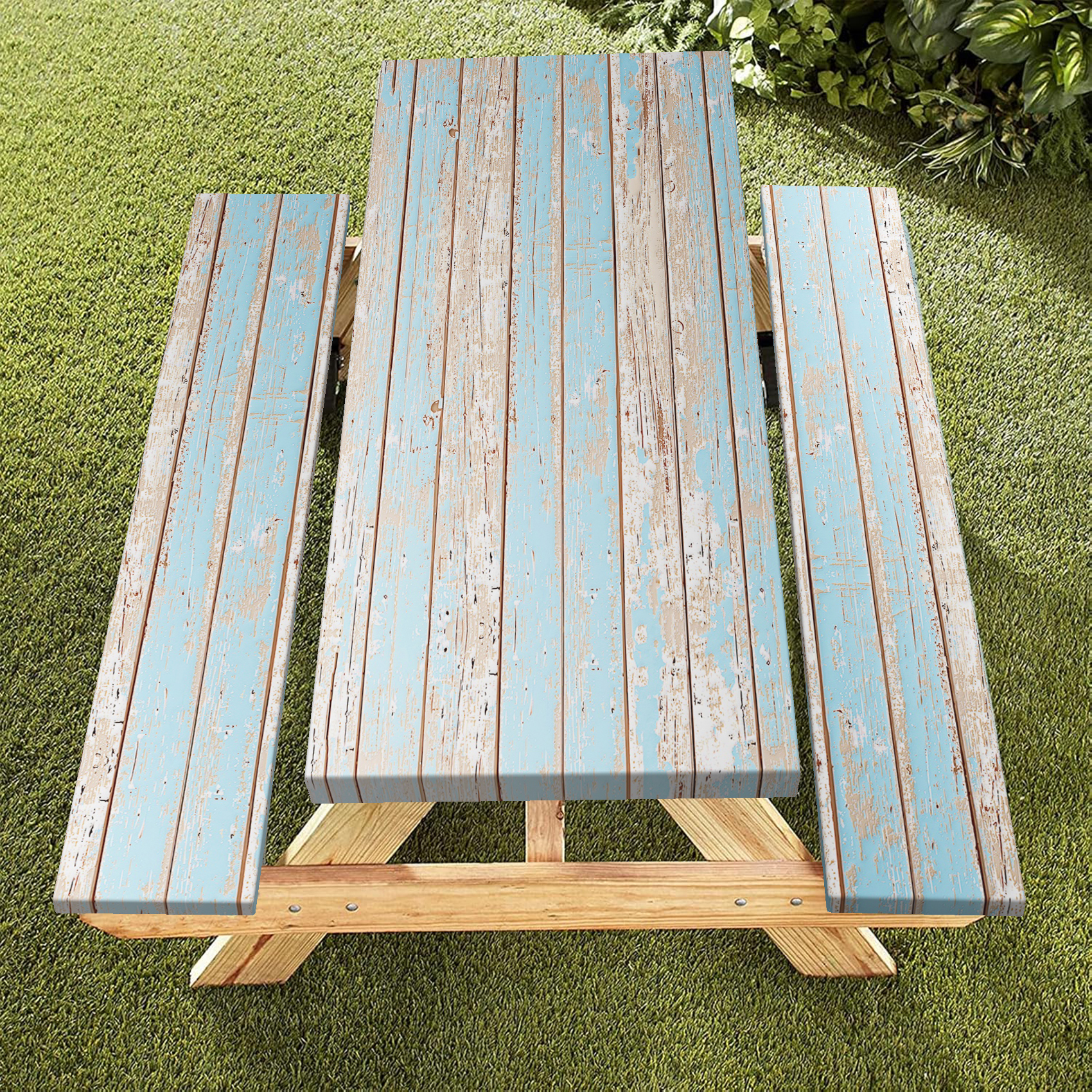 PBOBRIICH Blue Wood Grain Table Cover with Bench Covers,Fits for 8 Foot ...