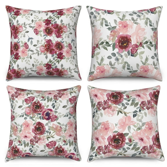 PBOBRIICH Boho Floral Throw Pillow Covers Set of 4,Pink Flower Linen Pillowcase for Living Room Bedroom Decor,18x18 Inch