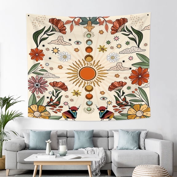 PBOBRIICH Boho Sun and Moon Tapestry Retro Flowers Tapestry for Bedroom Vintage Beige Tapestry Wall Hanging for Room,50Wx60L
