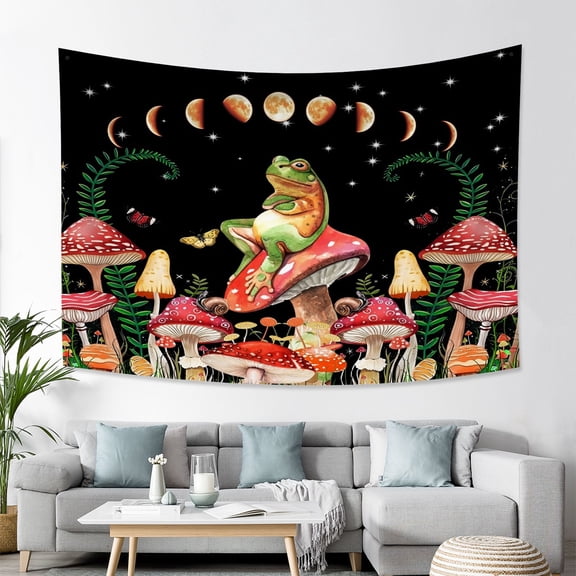PBOBRIICH Boho Sun and Moon Tapestry Wall Hanging,Green Frog and Red Mushroom Vintage Tapestry for Dorm Bedroom Decor