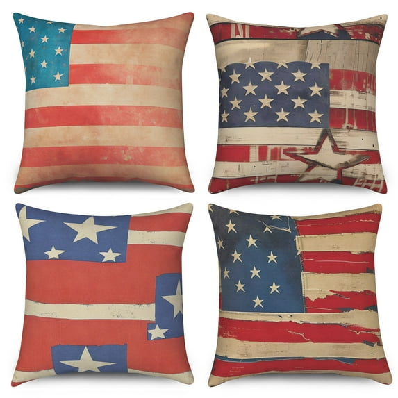 PBOBRIICH Set of 4 4th of July Throw Pillow Cases,America National Flag Linen Pillow Cover for Bedroom Home Decor,16x16