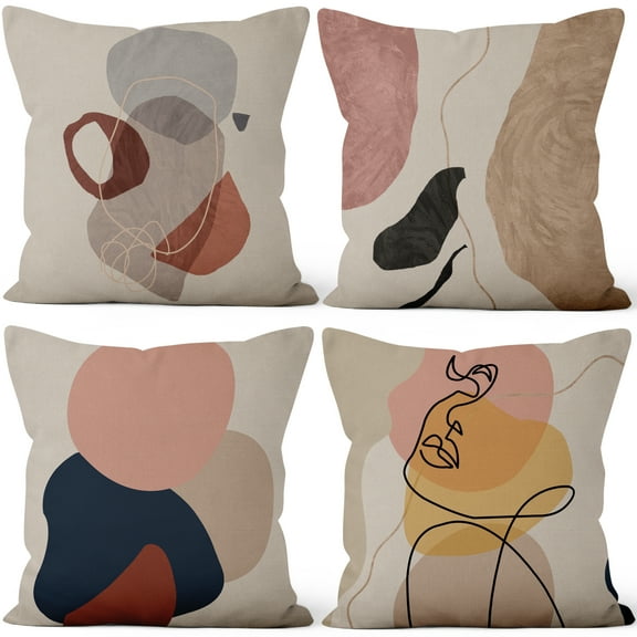PBOBRIICH Set of 4 Mid-century Throw Pillow Cases, Bohemian Linen Pillow Cover for Living Room Bedroom Home Decor,18x18 In
