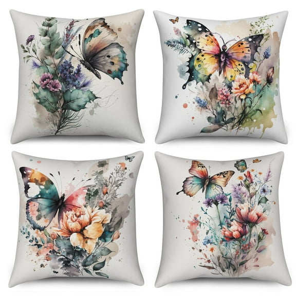 PBOBRIICH Spring Butterfly Throw Pillow Cases,Watercolor Linen Pillow Cover for Living Room Home Decor,16x16,4PCS