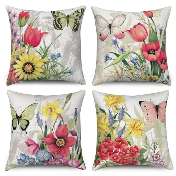 PBOBRIICH Spring Floral Throw Pillow Covers Set of 4,Country Linen Pillowcase for Living Room Bedroom Decor,20x20 Inch