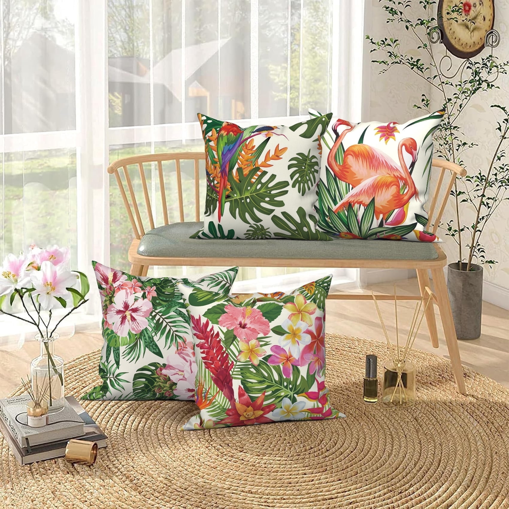 PBOBRIICH Tropical Leaves Throw Pillow Covers Clearance Set of 4,Summer Linen Pillowcase for Living Room Bedroom Home Decor,18x18 Inch