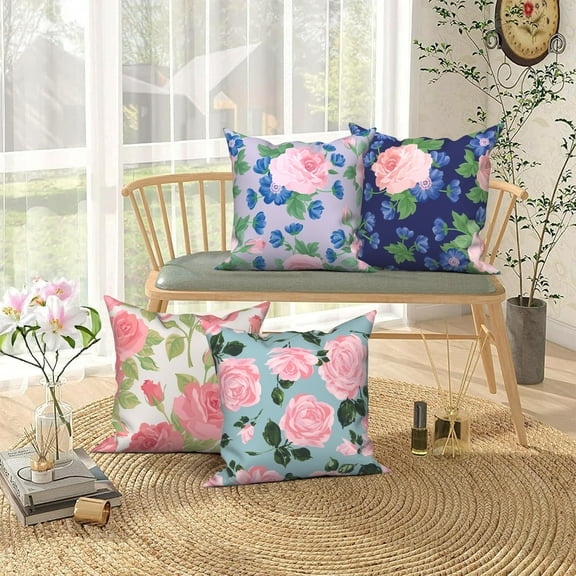 PBOBRIICH Vintage Floral Throw Pillow Covers Set of 4,Flower Linen Pillowcase for Living Room Bedroom Decor,18x18 Inch