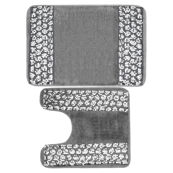 PBP Popular Sinatra Silver Bathroom Banded Bath & Contour Rug Set