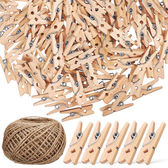 PBPBOX DIY Jute Twine with Wooden Clips Beige Hemp Rope for Crafts 150Pcs